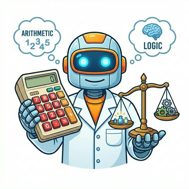 Robot počtář s kalkulačkou a vahami